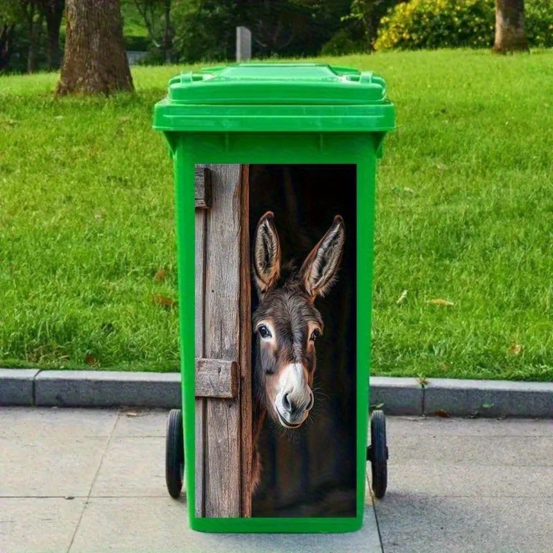 Donkey Painting Trash Can Sticker – Self-Adhesive Removable PVC Farm Animal Decal with Wooden Texture & Curious Eyes