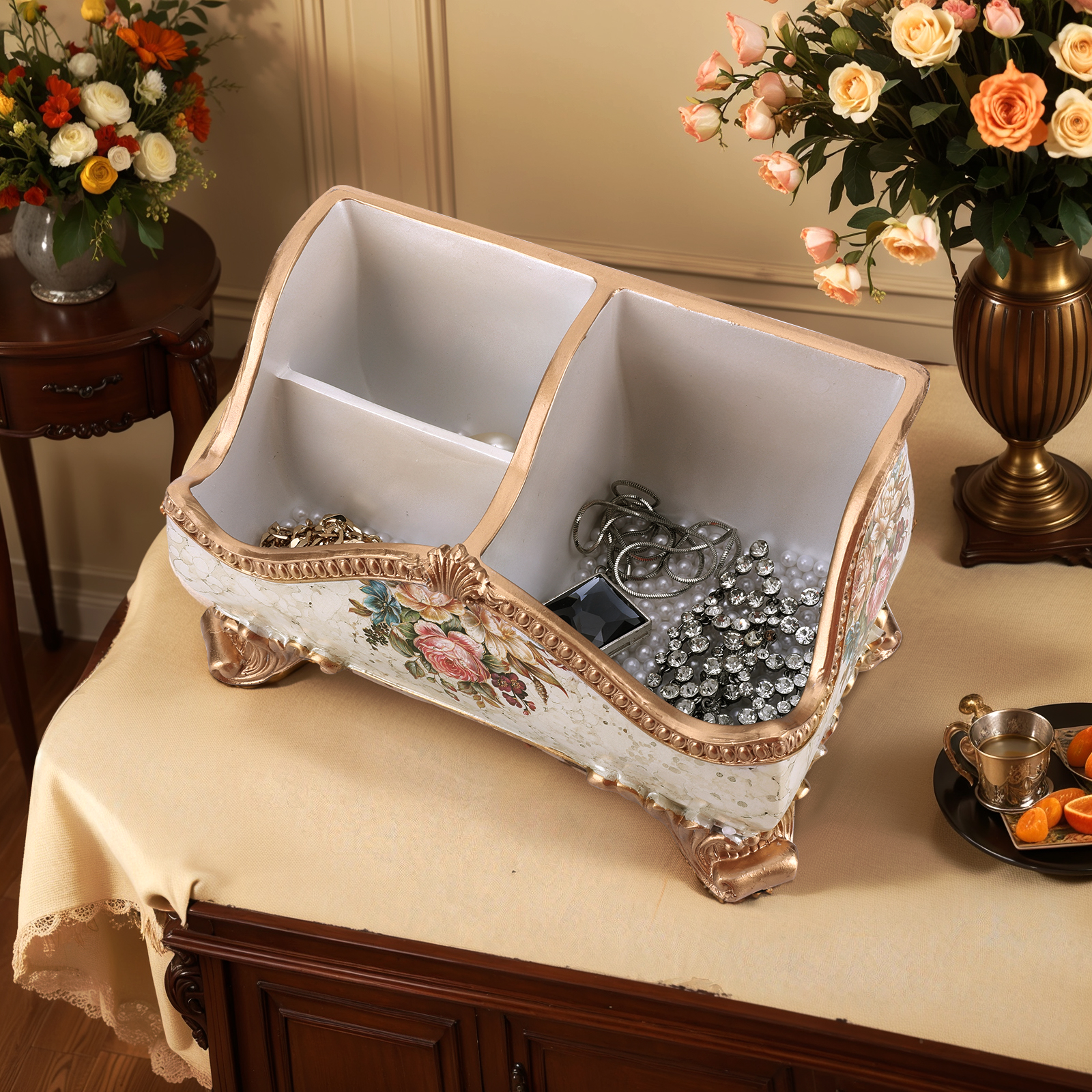 Vintage Floral Resin Tray, Remote Control Holder Desk Organizer 3-Compartment European Style Storage Box Jewelry