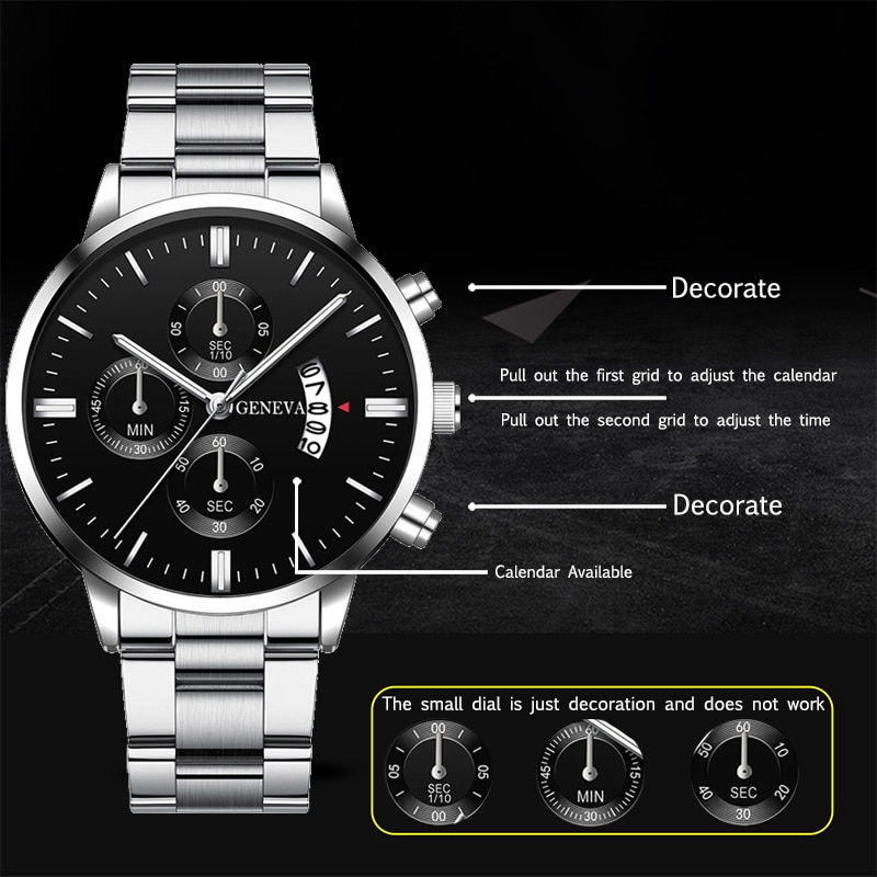 Fashion Men Watches, Luxury Silver Stainless Steel Quartz, Business Watch for Men, Calendar Clock