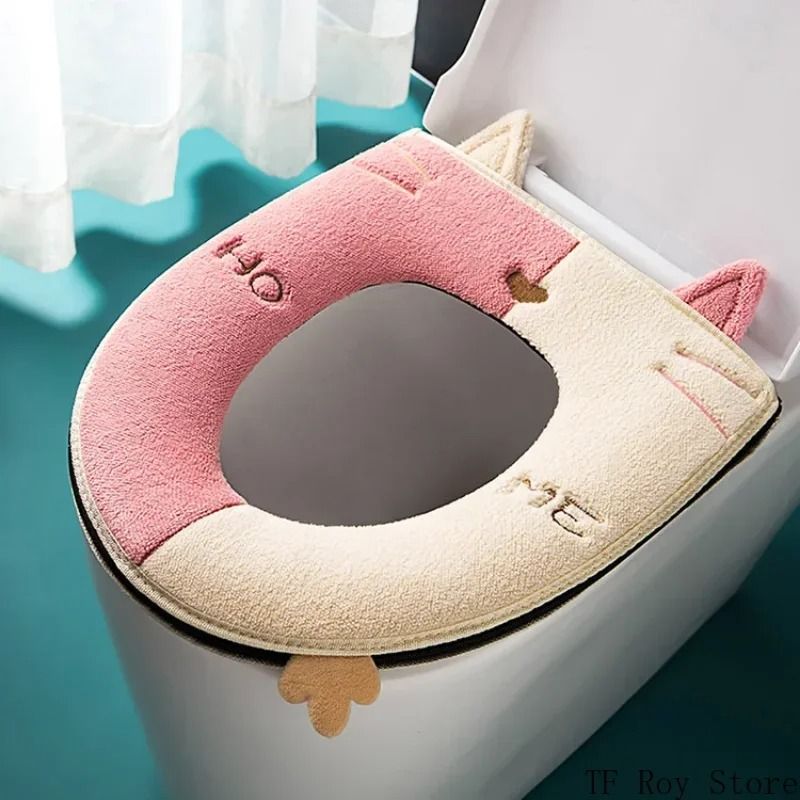 Universal Cartoon Cat Plush Toilet Mat – Thicken Thermal Cushion with Hygienic Lifting Handle