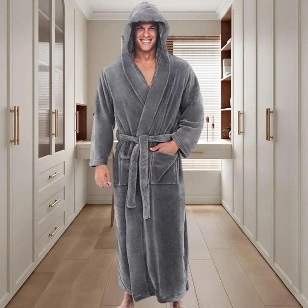 Mens Hooded Flannel Long Bathrobe Soft Fluffy Home Gown