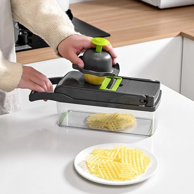 12-in-1 Vegetable Slicer Cutter with Basket - Green/Black