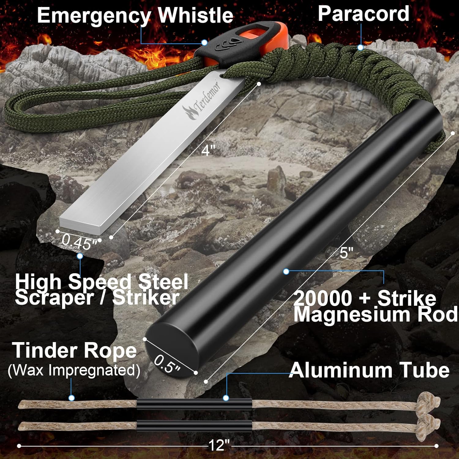 Ferro Rod Camping Fire Starter Ultimate survival fire starter kit with Waxed Tinder Cord & Paracord