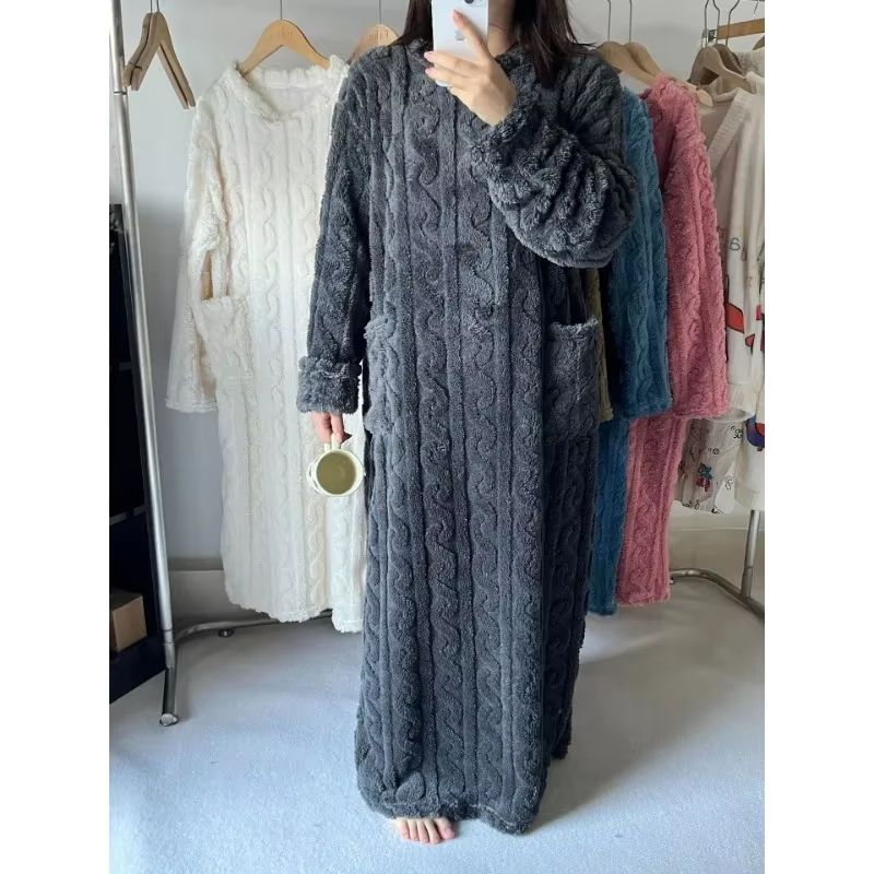 Women's Winter Coral Velvet Jacquard Sleepwear Gown Warm Loungewear