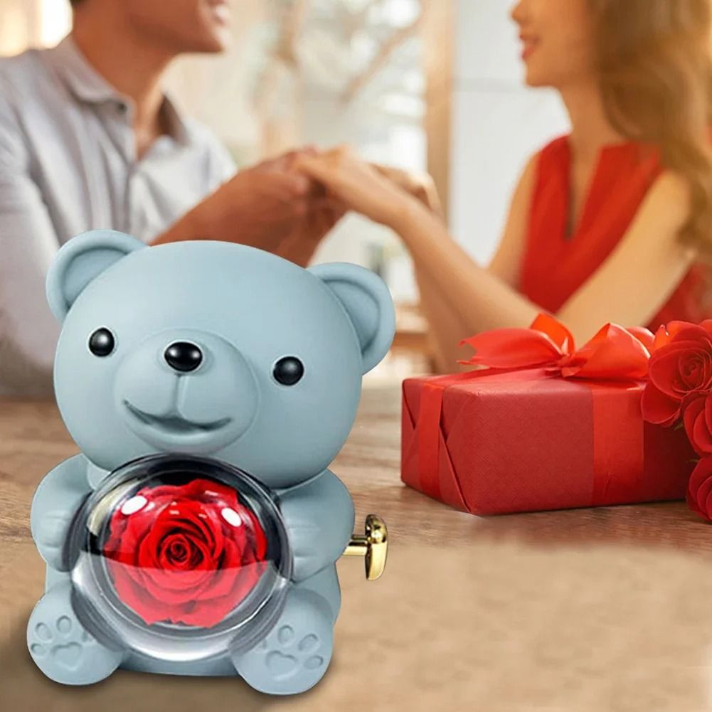 Eternal Rose Bear Jewelry Gift Box Romantic Rotating Rose Case