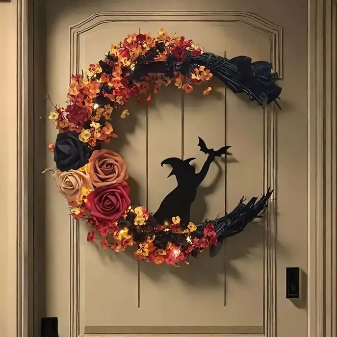 Gothic Halloween Wreath with Roses and Witch Cat Silhouette