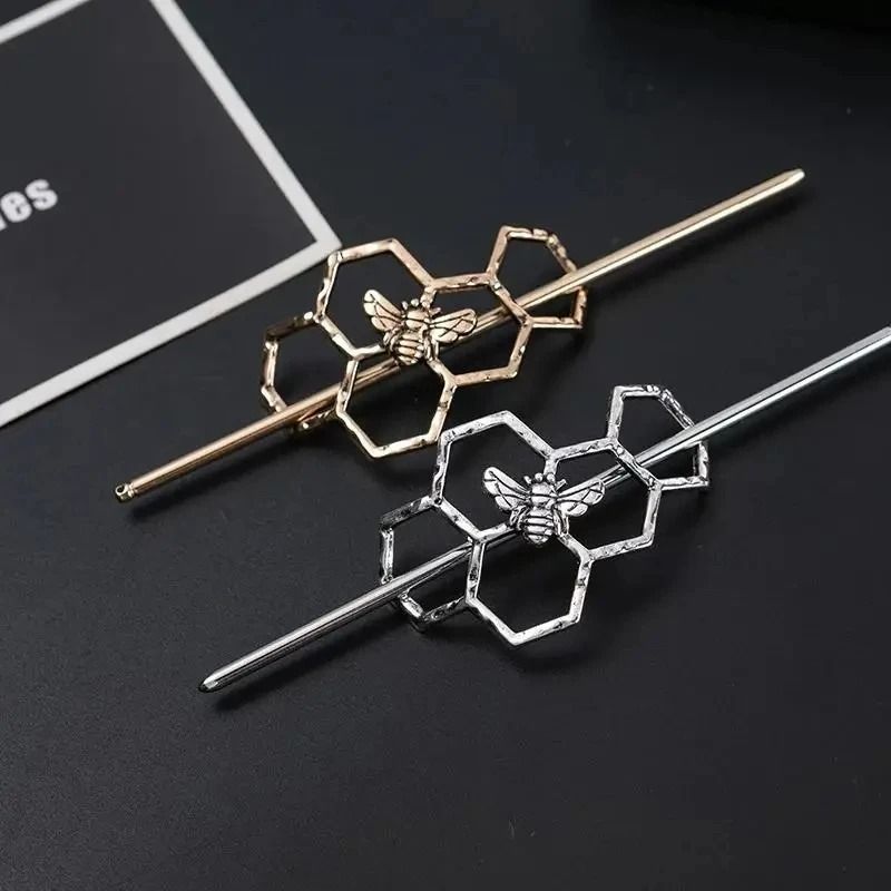 Vintage Geometric Bee Hair Pins Hollow Metal Hair Sticks for Chignon and Buns