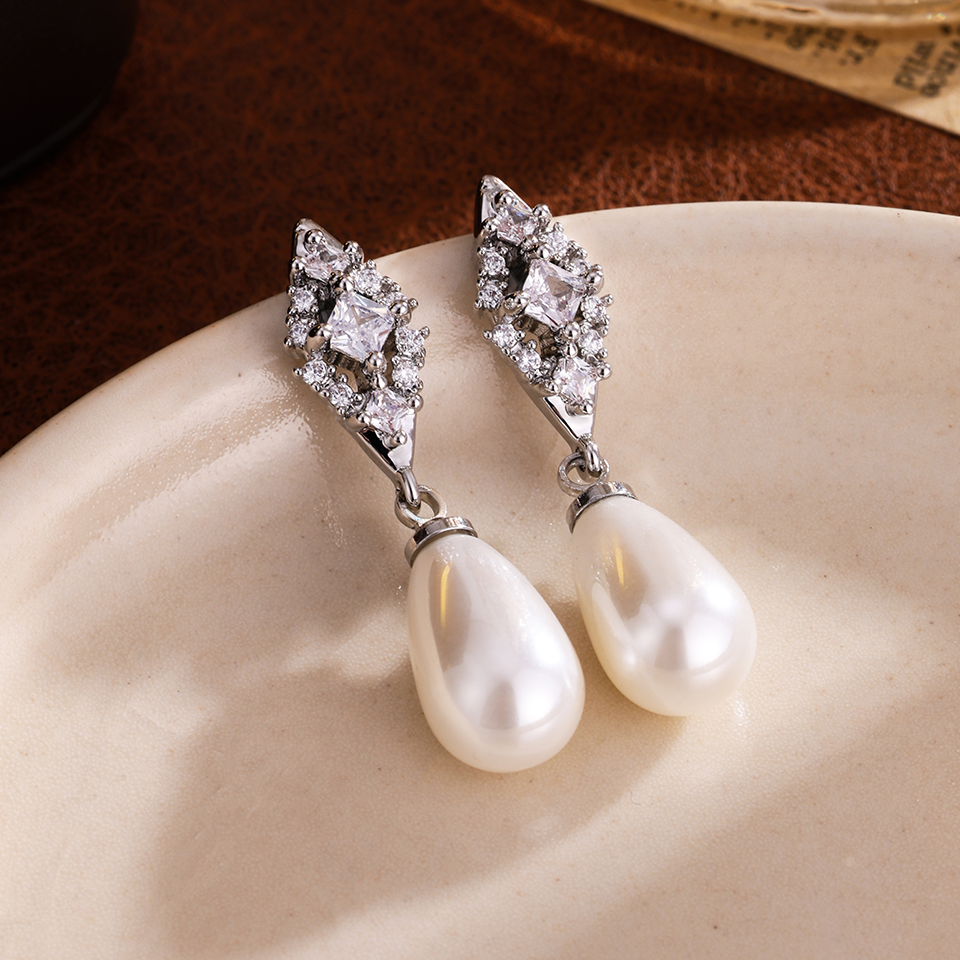 Pearls Bridal Earrings, Fashion Geometric Zircon Teardrop Jewelry, Silver Gold Color Accessories for Banquet Party