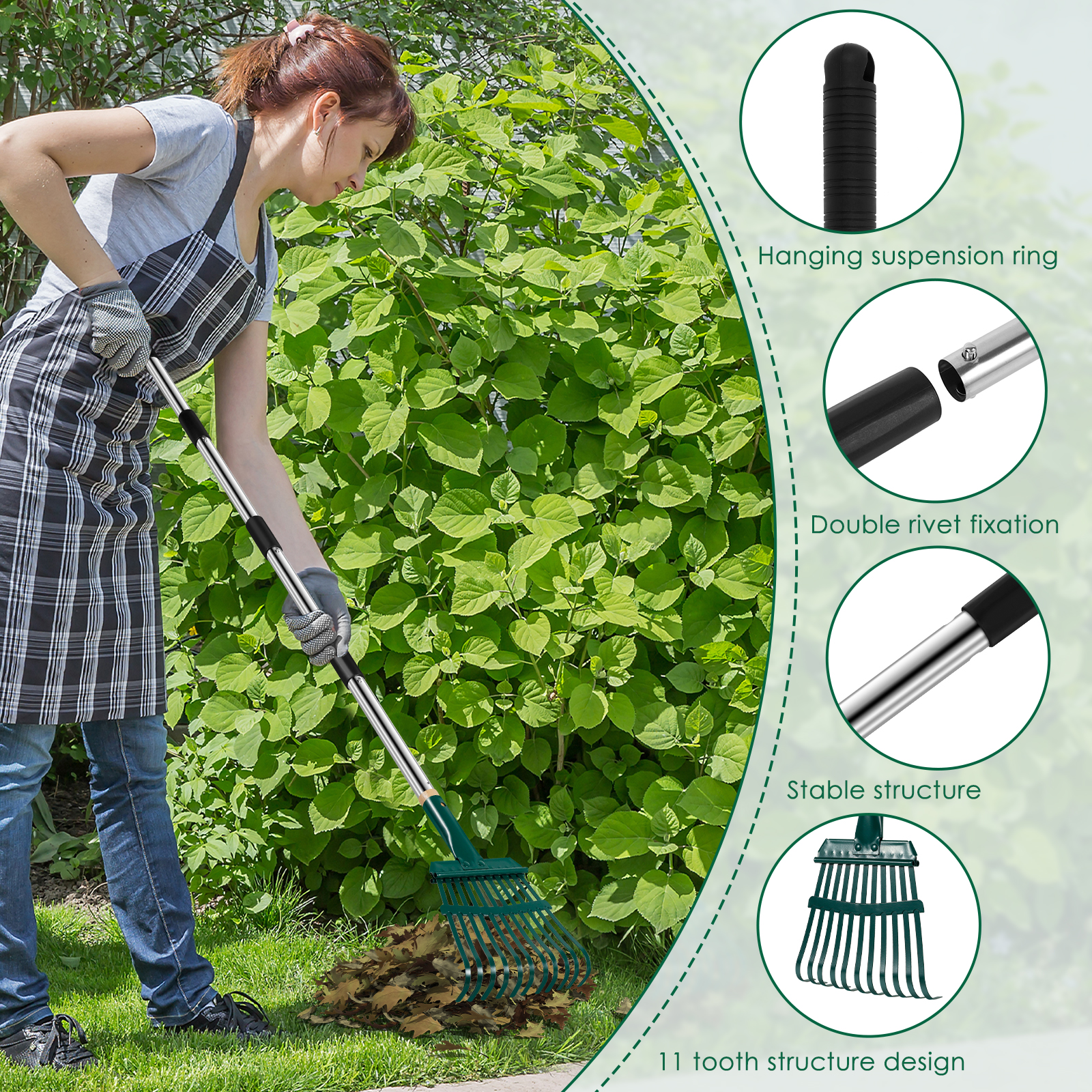 Adjustable Garden Leaf Rake, 11 Prong Strong Rake for Autumn Garden Flower Bed Cleaning