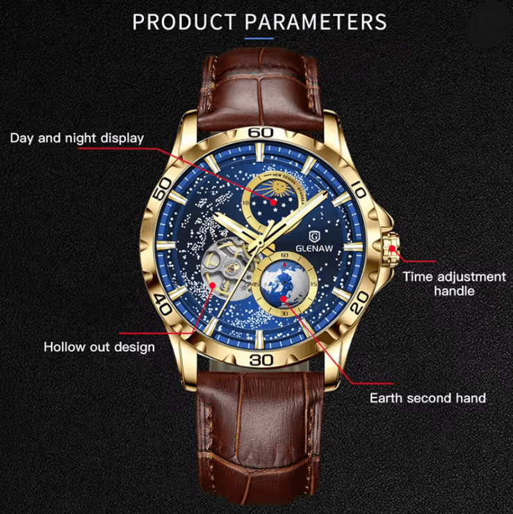 GLENAW Automatic Mechanical Watch with Rotating Earth Dial and Leather Strap
