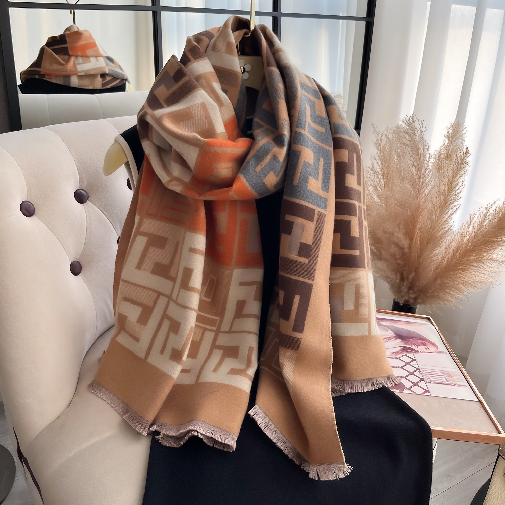 Luxury Women Two-Sided Print Scarf, Soft Warm Pashmina Fashion Shawl, Winter Coldproof Windproof Blanket Scarf