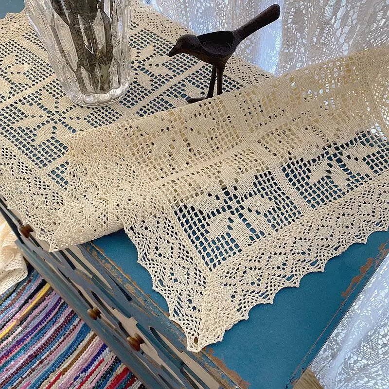 Crochet Lace Table Runner Cotton Linen Blend