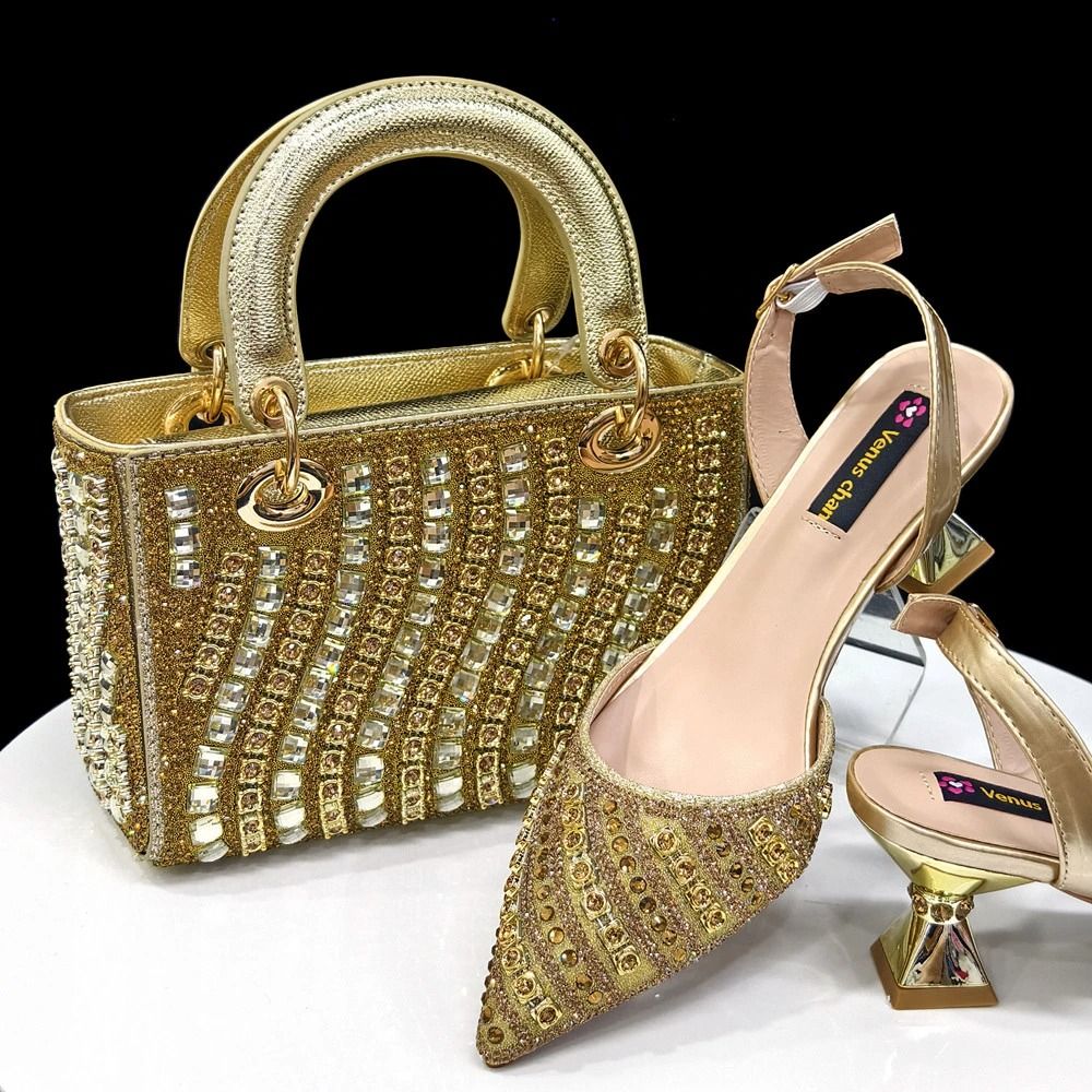 Fuchsia Rhinestone Pointed Toe Heel and Matching Bag Set for Women
