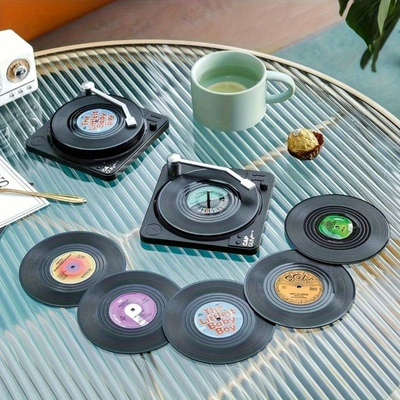 6 Piece Retro Vinyl Record Coaster Set with Storage Rack