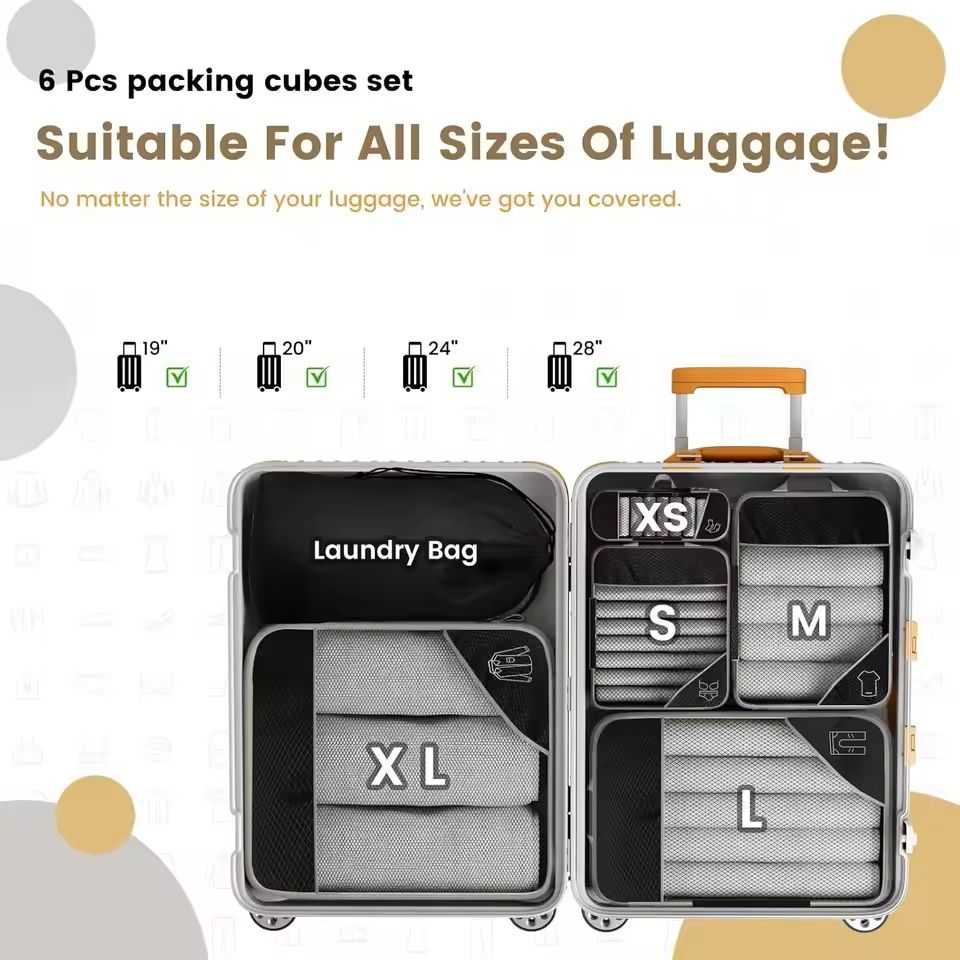 6 Piece Travel Packing Cube Set with Shoe Bag and Mesh Panels