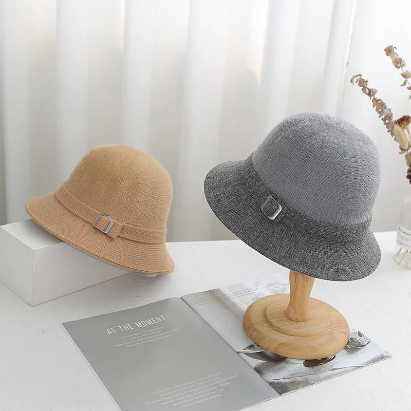Womens Faux Mink Cashmere Knitted Bucket Hat Solid Color Artistic Sun Cap