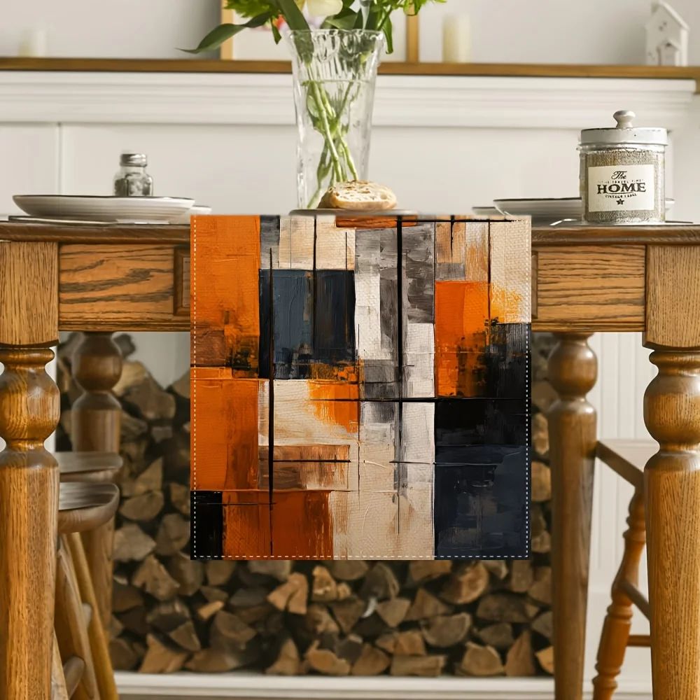 Watercolor Abstract Stripe Table Runner – Orange Black Linen Decor for Holiday & Dining Tables