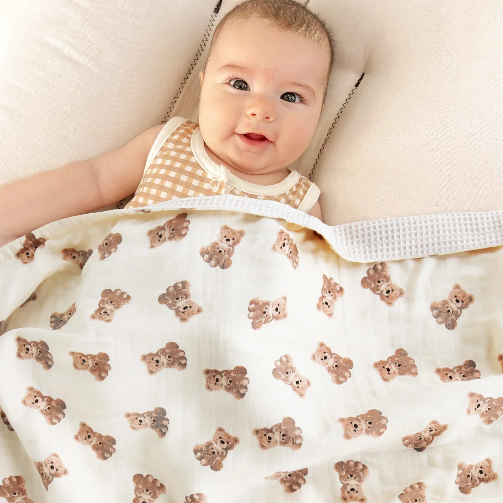 Bamboo Cotton Muslin Swaddle Wrap Blanket, Waffle Printed Baby Blanket for Newborn
