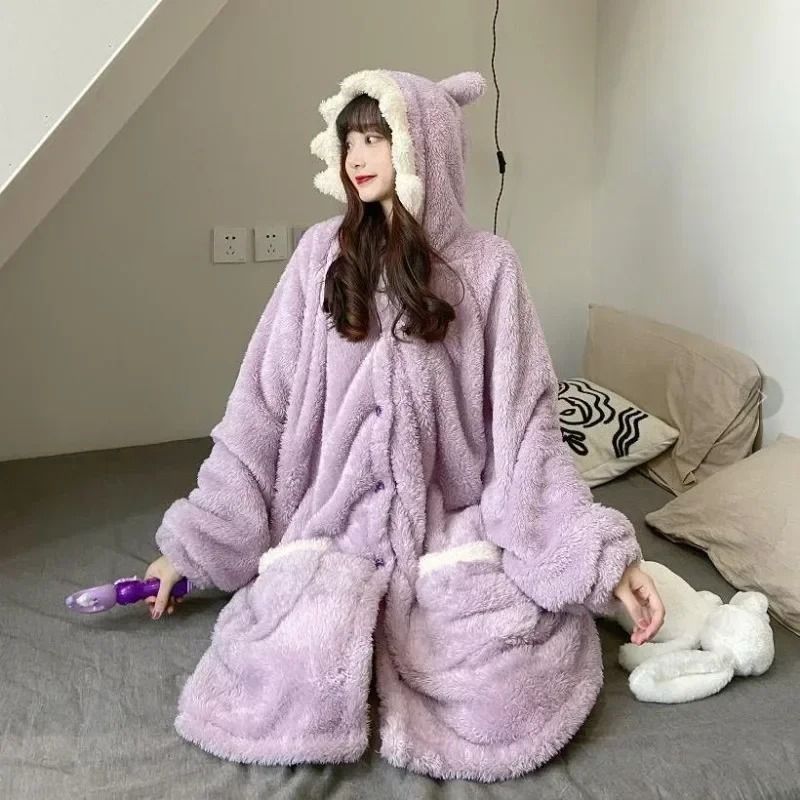 Winter Warm Fleece Shark Robe Womens One Piece Nightgown Long Sleeve Button Up Design