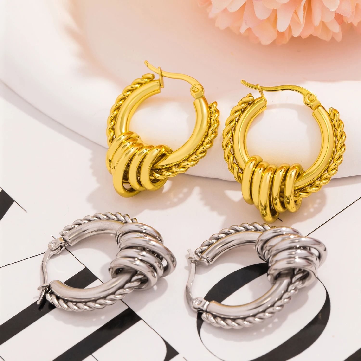 Multilayer Circle Twist Earrings Gold Plated Stainless Steel Statement Earrings