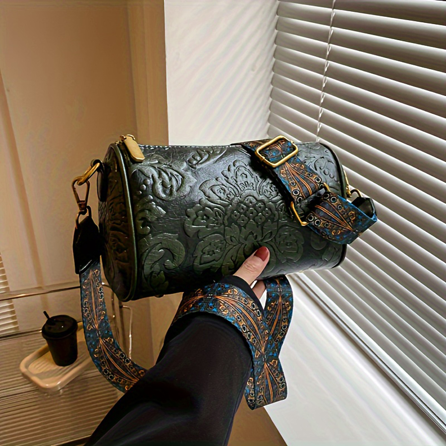 Fashionable Chinese Style Retro Womens Cylindrical Shoulder Crossbody Bag Embossed & Chic