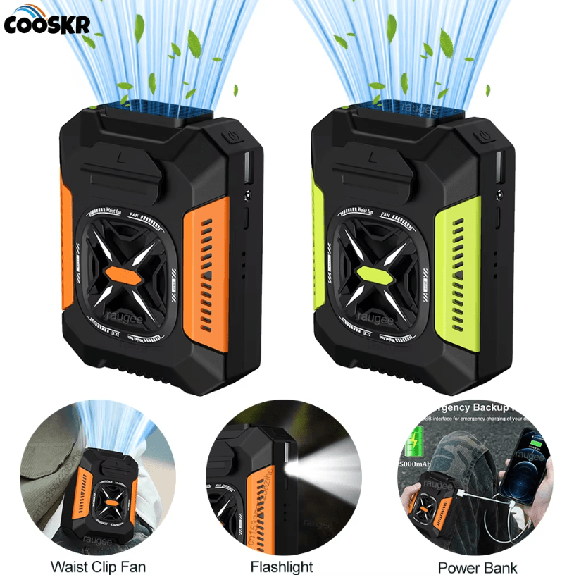 Portable USB Rechargeable Waist Clip Fan – 5000mAh Outdoor Cooling Fan with Power Bank & LED Light