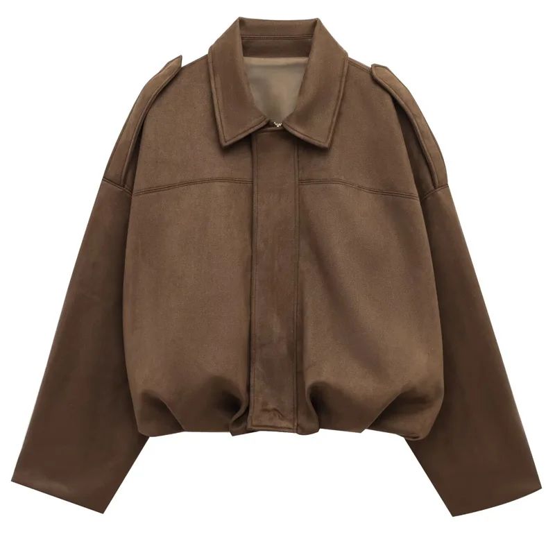 HXAO Cropped Suede Bomber Jacket Women Lapel Zipper Racing Coat
