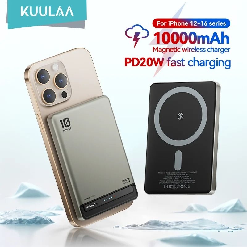KUULAA 10000mAh Magnetic Power Bank – 20W PD Fast Charging Wireless Charger for iPhone 16, 15 & 14