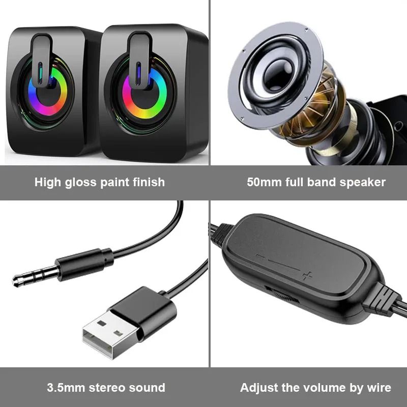 USB Wired Computer Speakers with HiFi Stereo Sound, LED Light, and Microphone