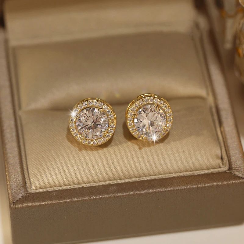 White Zircon Crystal Stud Earrings Gold Color Vintage Style