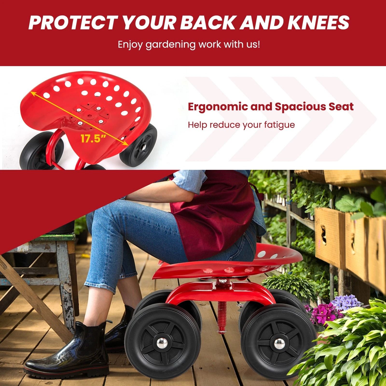 Heavy Duty Rolling Garden Cart with Adjustable Height & 360° Swivel Seat