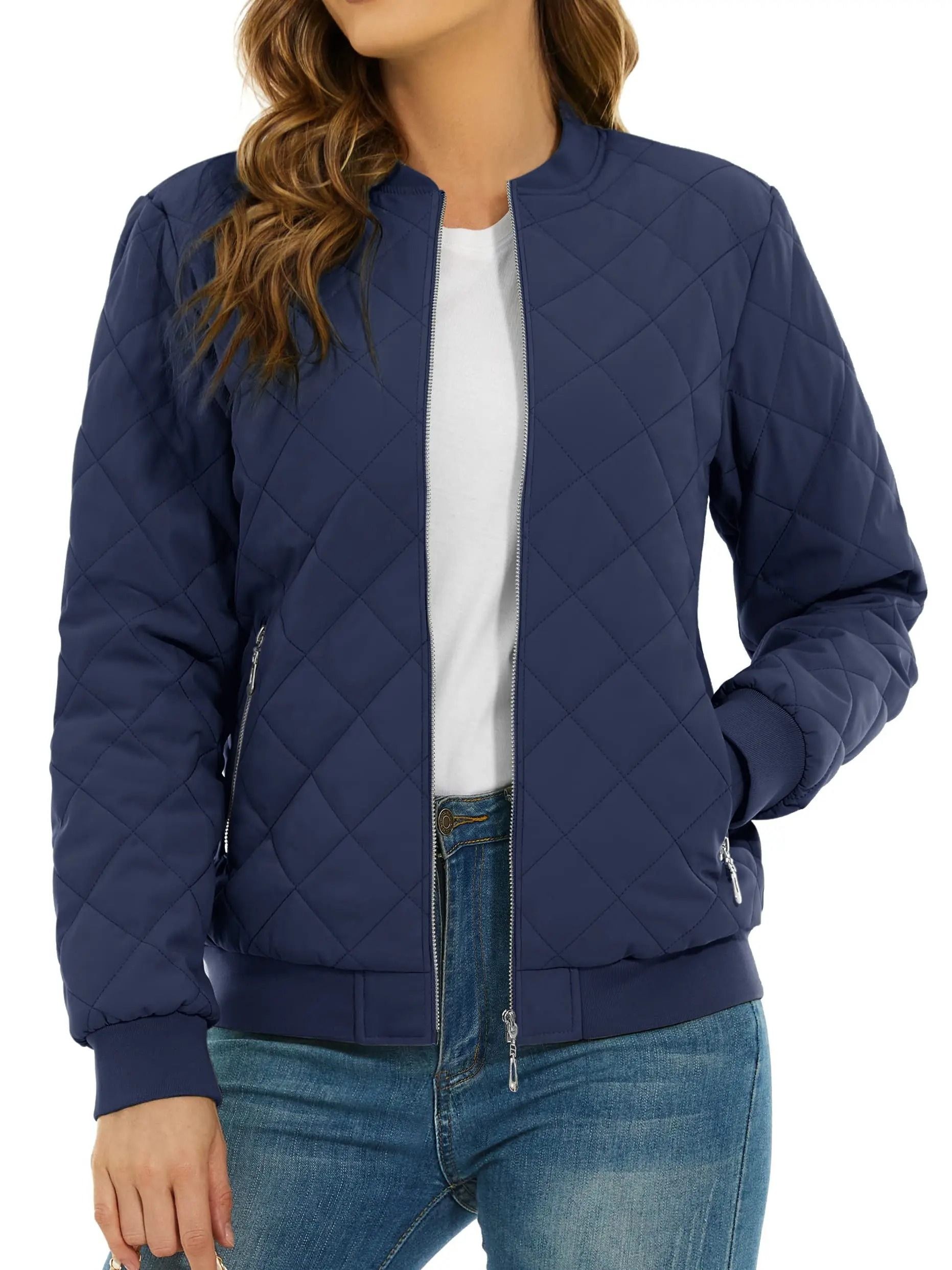 Womens Diamond Quilted Bomber Jacket Full Zip Warm Padded Coat