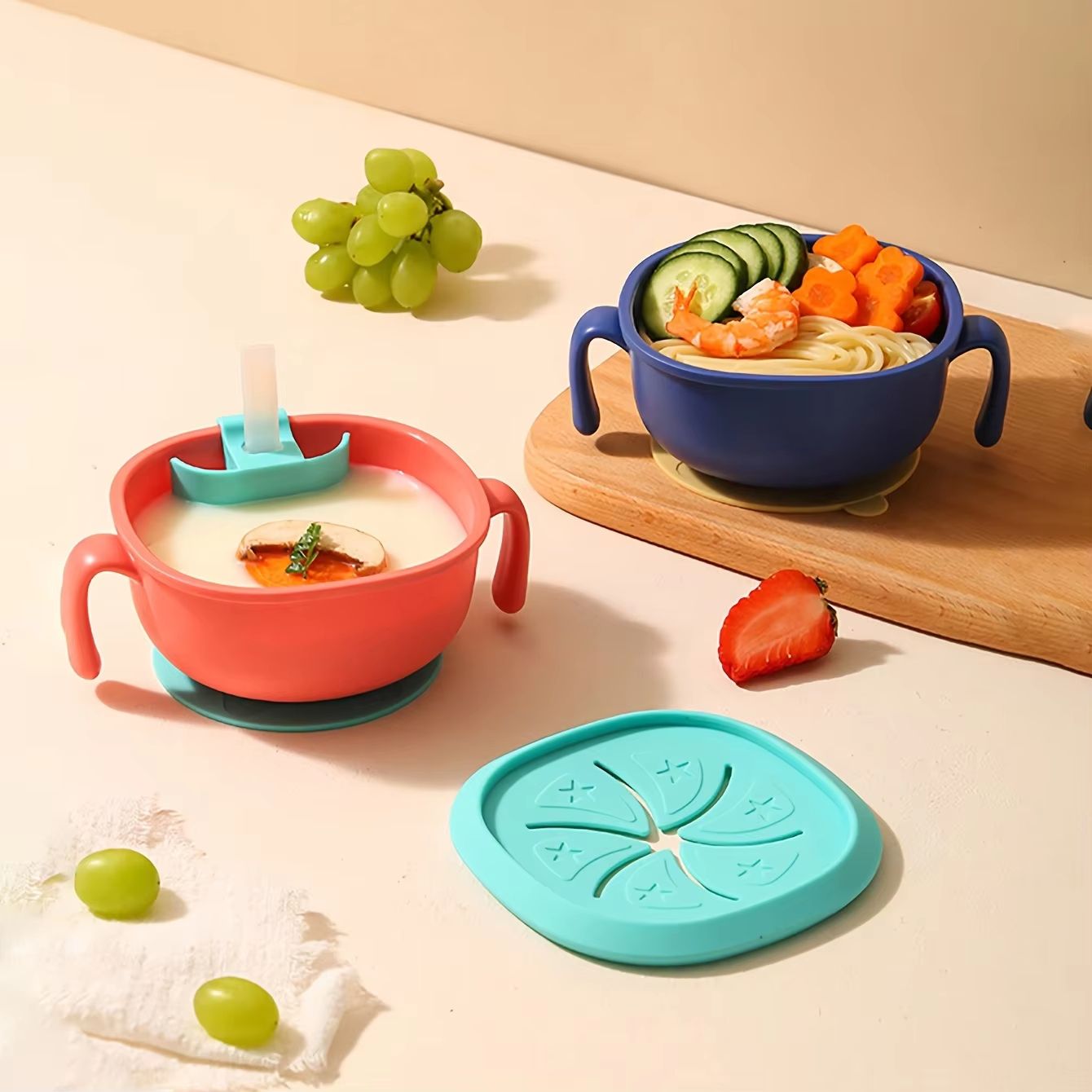 3-in-1 Silicone Baby Snack Bowl with Suction Cup, Straw, Cover & Portable Handle Cup