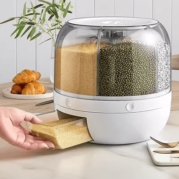 360 Rotating Grain Dispenser – 6-Grid Airtight Rice Storage Organizer