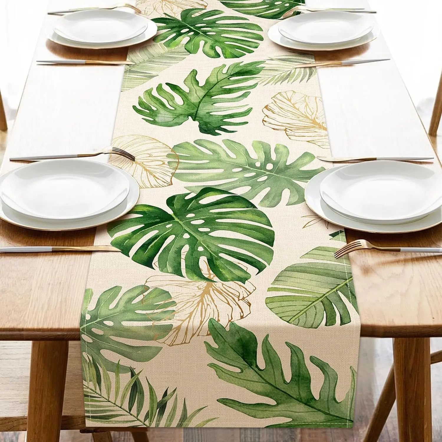 Tropical Palm Leaves Linen Table Runner