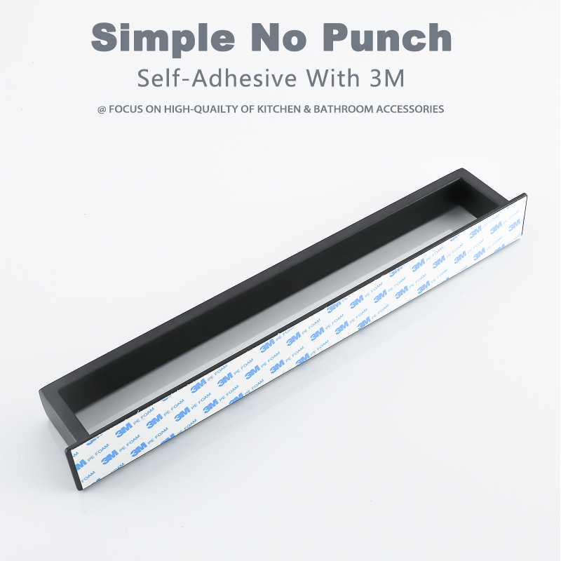 No Drill Black Stainless Steel Towel Holder, Self Adhesive Bathroom Towel Rack, Wall Shower Shelf