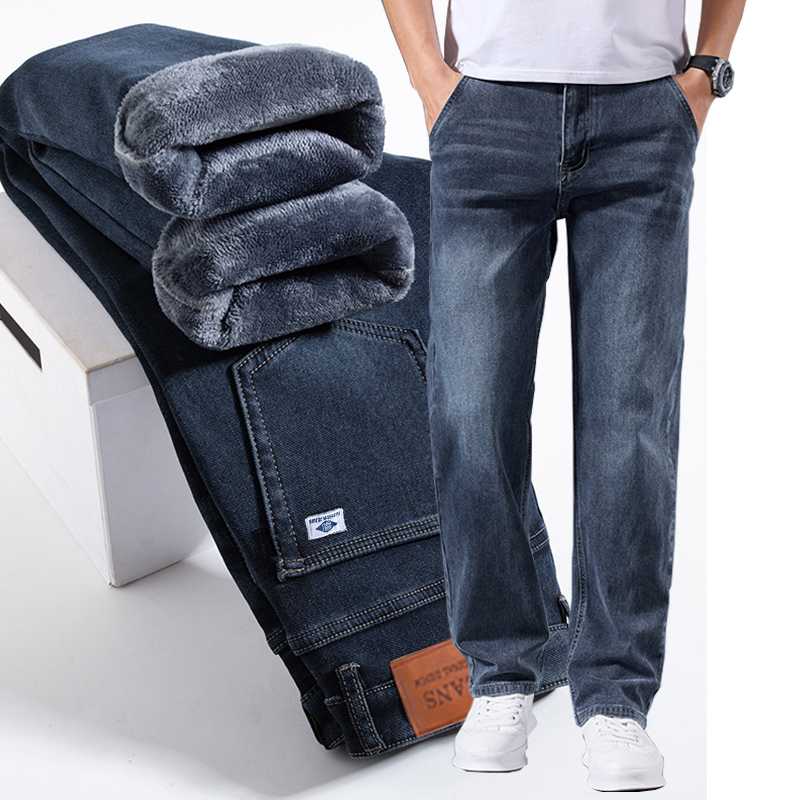 Stretchable Men Winter Fleece Lined Jeans, Lightweight Business Casual Trousers for Office & Everyday Use