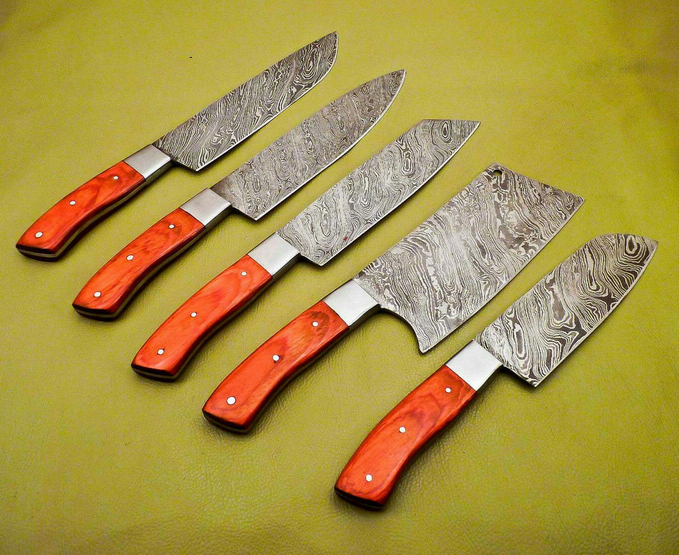 Premium Handmade Damascus Steel Chef Knives Lot of 5 | Hardwood Handle Kitchen Set