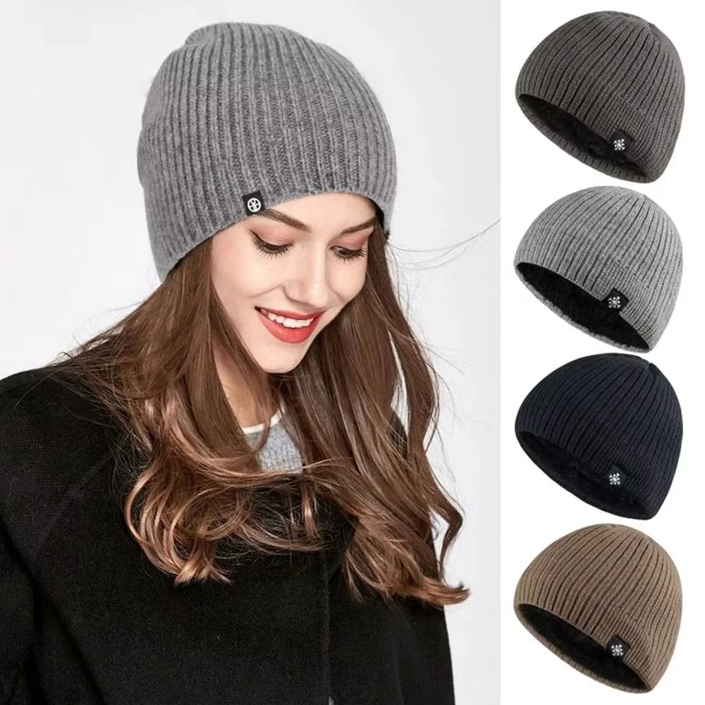 Autumn Winter Unisex Fleece Lined Knitted Beanie Loose Warm Ear Protection Thick Woolen Hat Windproof Outdoor Ski Hiking