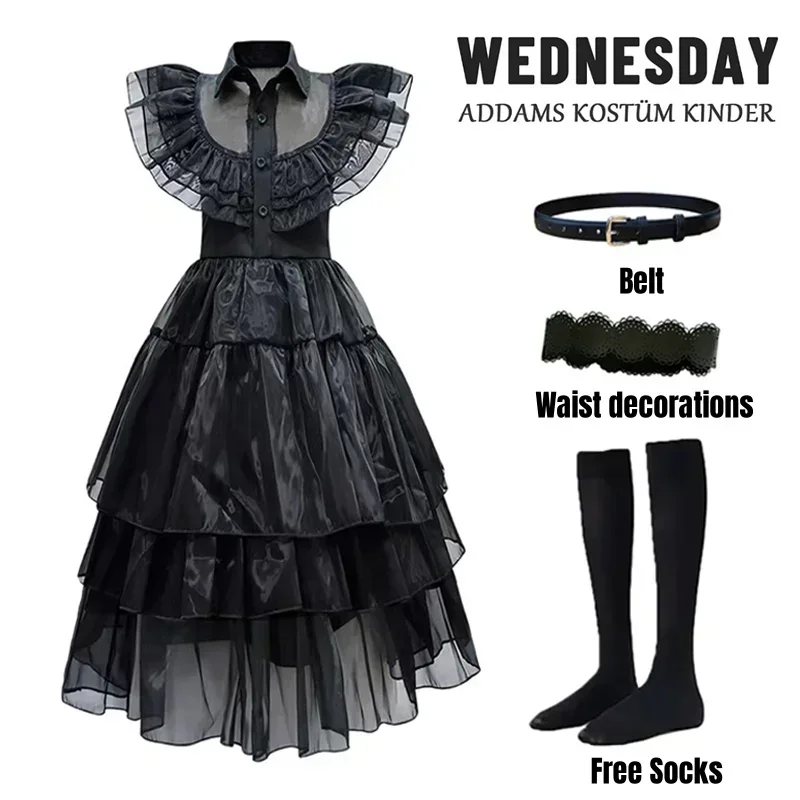 Girls Wednesday Addams Costume Complete Kit, Kids Halloween Party Dress with Wig & Accessories for Cosplay Dress Up
