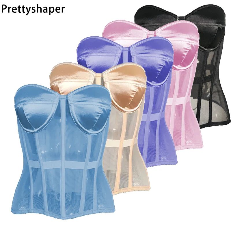 Womens Sexy Mesh Overbust Corset – Transparent Lace-Up Bustier with Cups, Boned Shaping Wedding Waist Slimmer Top