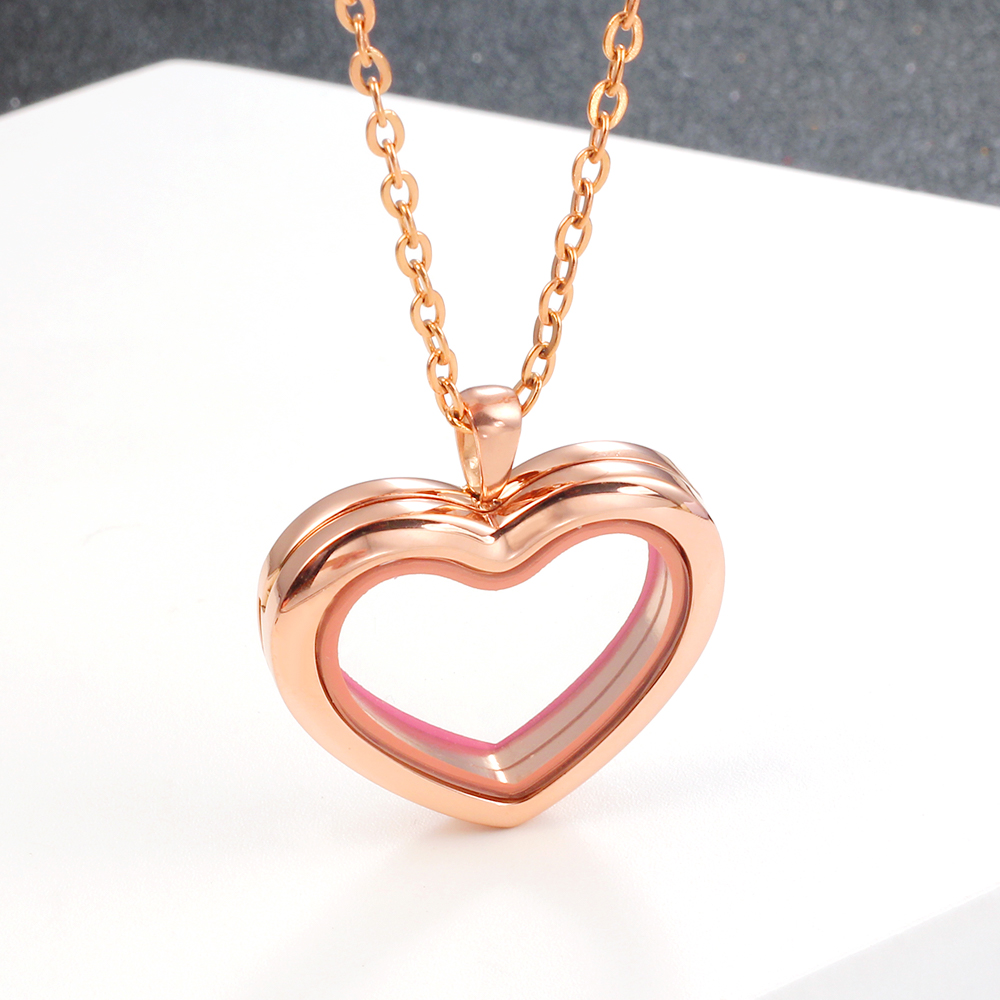 Stainless Steel Living Glass Locket, Peach Heart Floating Charm, Magnetic Closure Chain Necklace