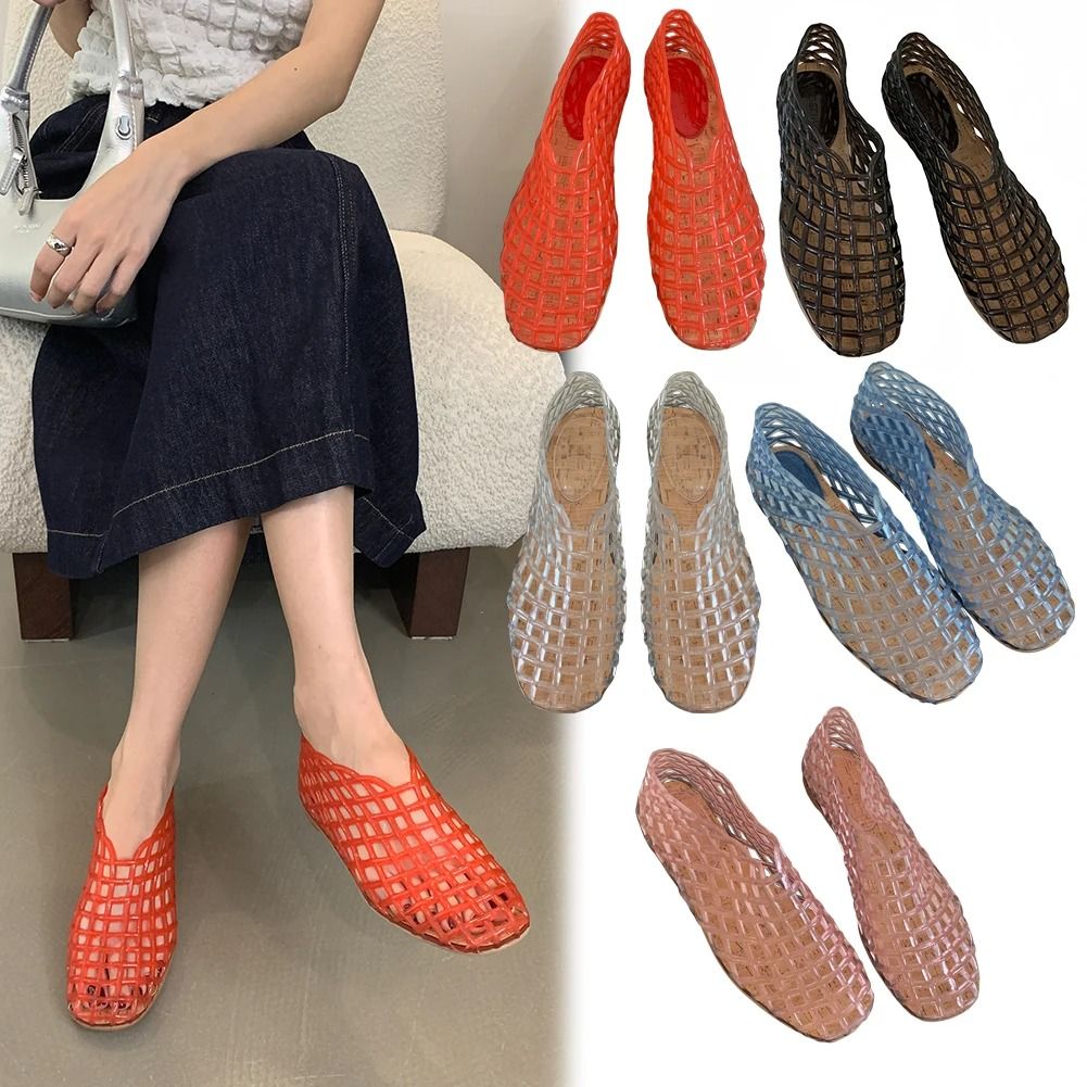 Women Mesh Jelly Ballet Flats Hollow Square Toe Summer Beach Shoes