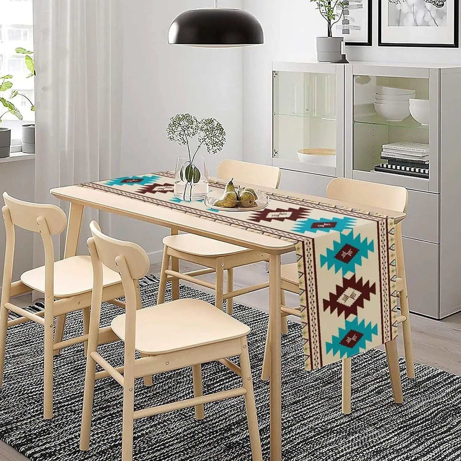 Aztec Tribal Linen Table Runner for Dining Table – Boho Geometric Farmhouse Kitchen Decor