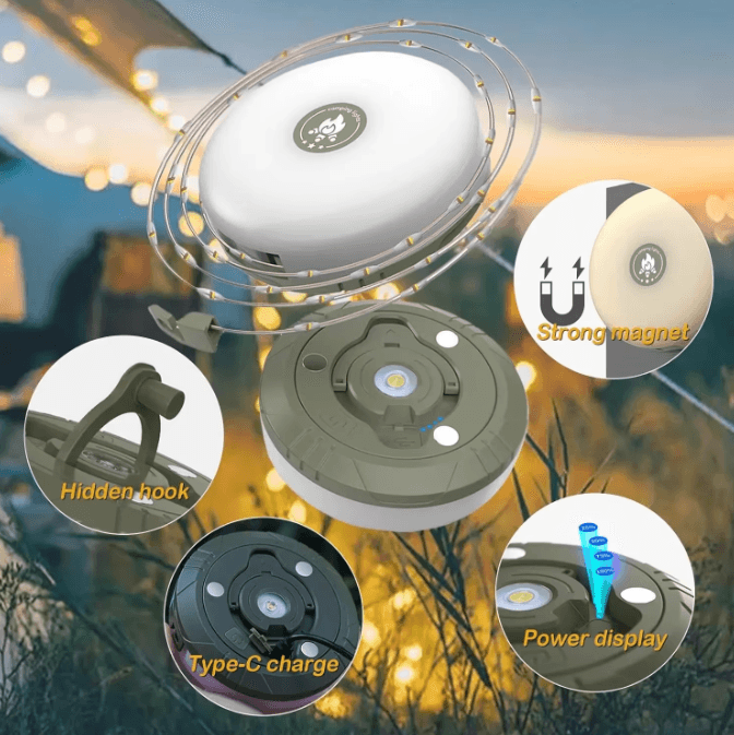 4-in-1 LED Camping String Lights with Retractable Reel & USB Recharge