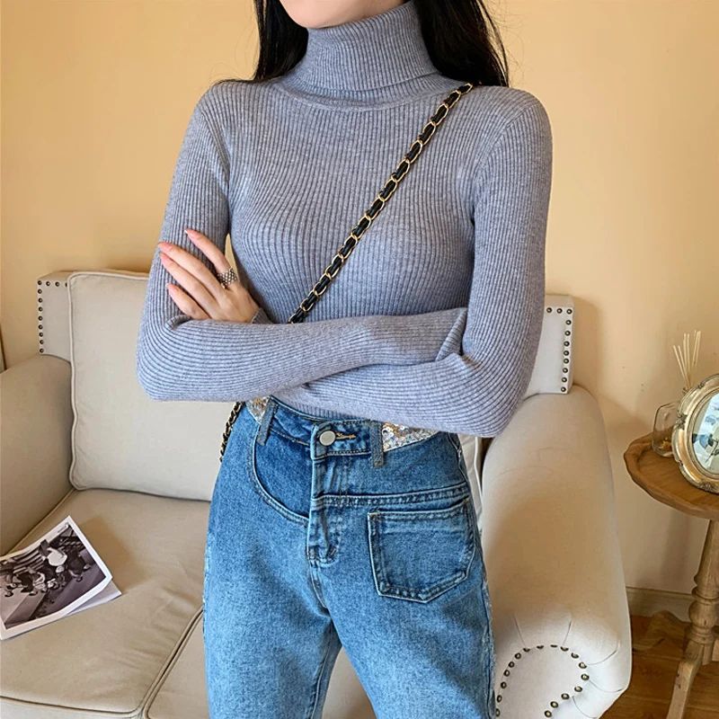 Autumn Winter Women's Ribbed Turtleneck Knit Sweater – Slim Fit Soft Warm Pullover