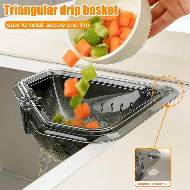 Space-Saving Magnetic Sink Strainer, Triangular Food Catcher, Corner Draining Basket for Kitchen