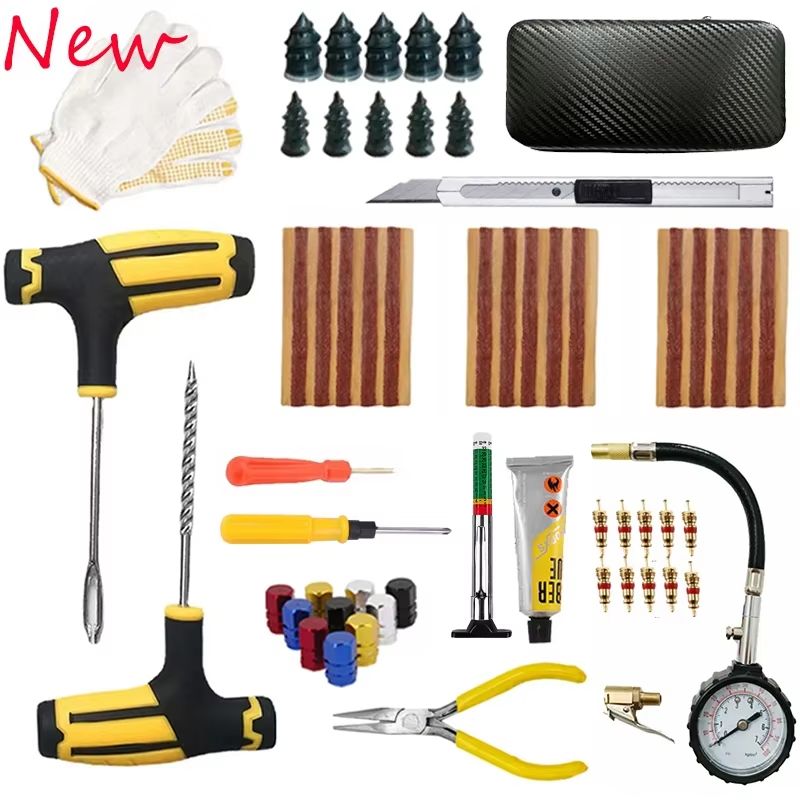 Universal tire repair kit with Plug Strips, Reamer and Insertion Tools for Roadside Punctures