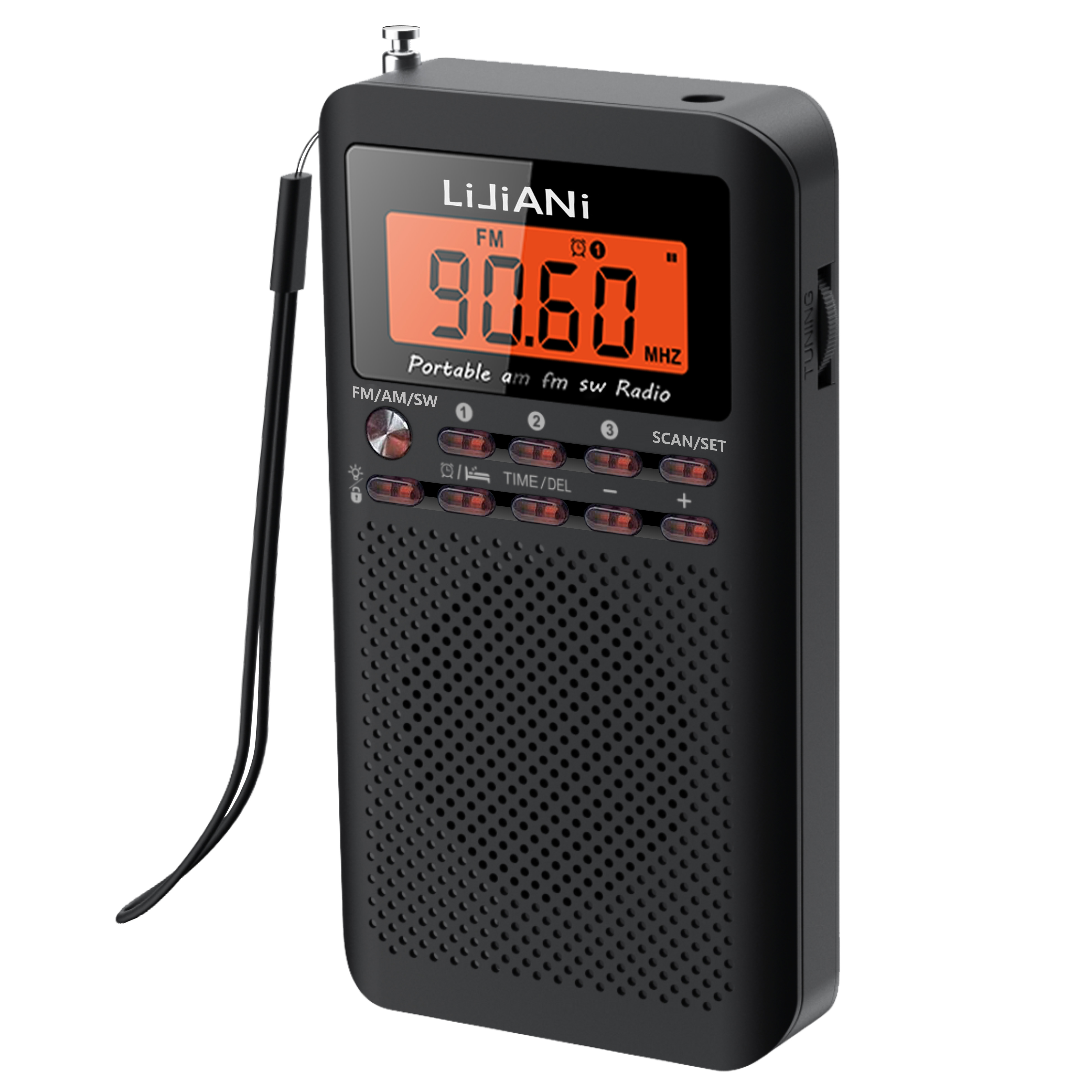 Portable AM FM Radio with LCD Alarm Clock and Earphones