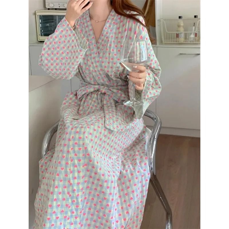 Love Plaid Long Kimono Robe Set – Professional V-Neck Bathrobe & Lace-Up Trousers Nightgown
